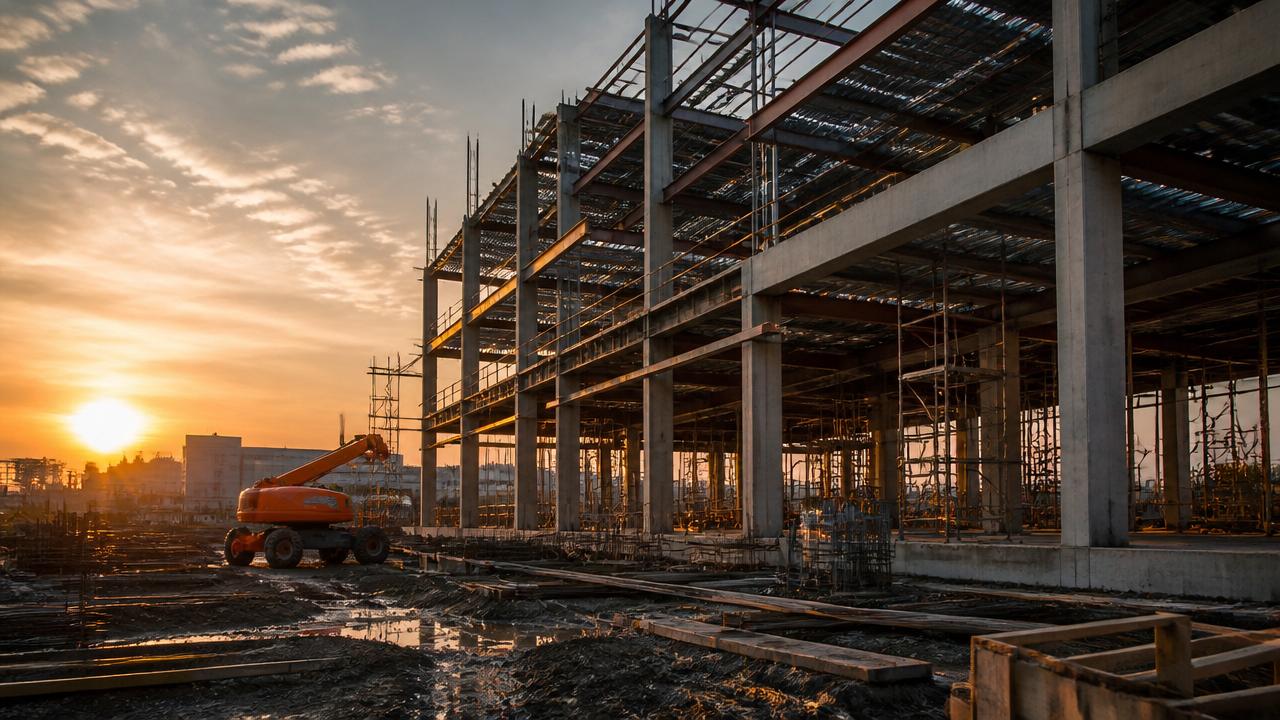 Commercial building under construction at sunset